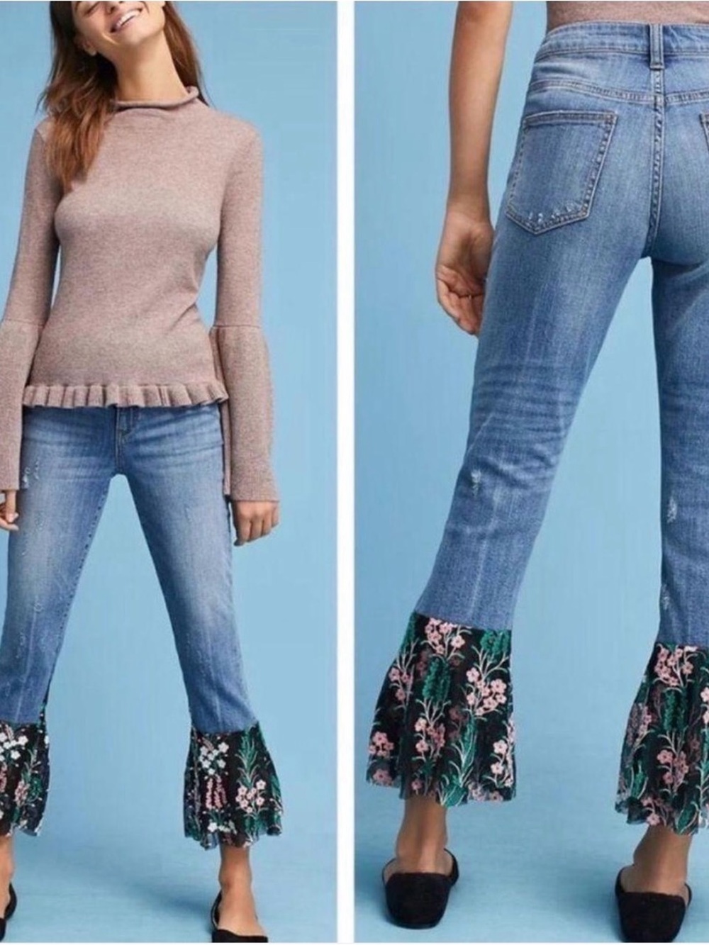 Pilcro & The Letterpress Flare Flounce Floral Hem Bell Bottom Jeans 29